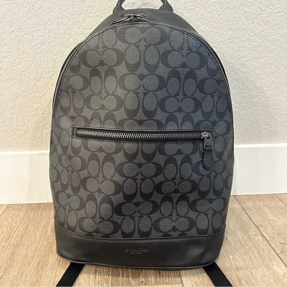 COACH Backpack Black Blue Monogram Mens Women’s Leather Bag Laptop School Work - Picture 2 of 7